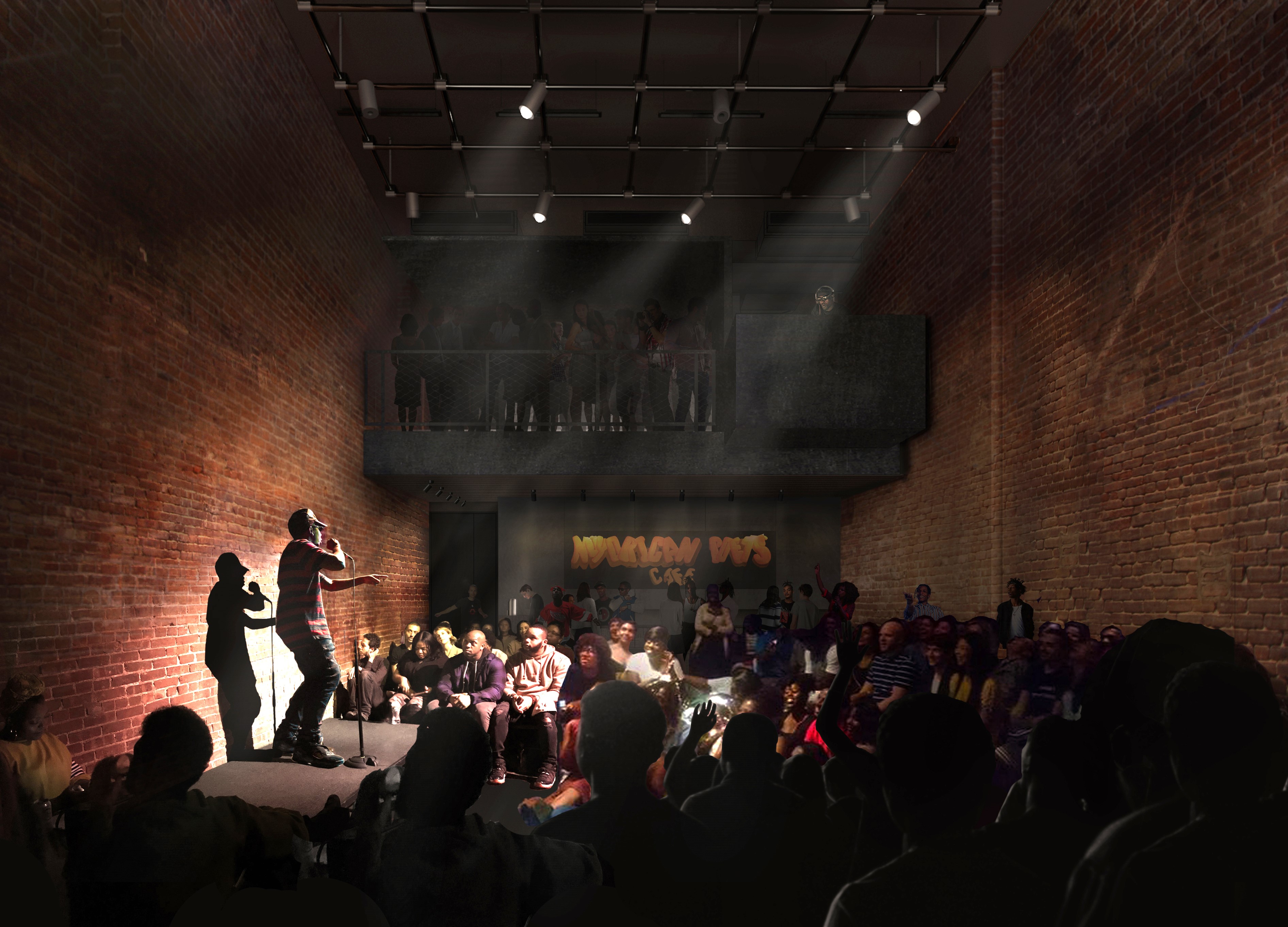 A rendering of a large performance space with an artist on stage.