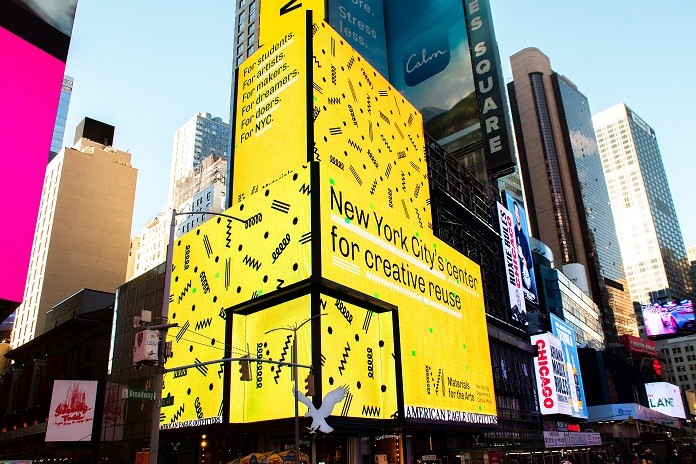 Materials for the Arts celebrates its new logo and branding in Times Square. Photo by Anna Droddy.