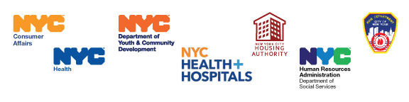 New York City logos; Consumer Affairs, Department of Health, DYCD, H+H, NYCHA, HRA, FDNY