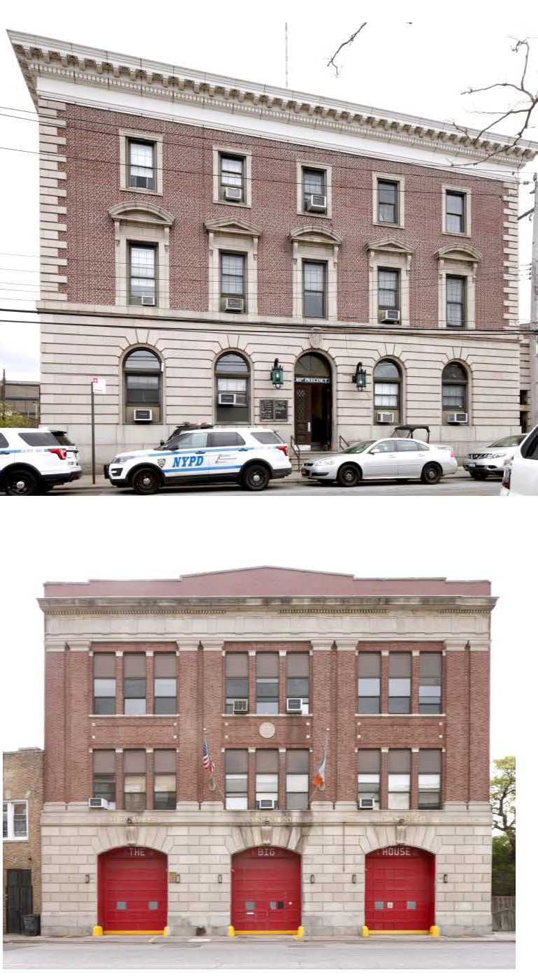 the Firehouse, Engine Companies 264 & 328/Hook and Ladder 134 at 16-15 Central Avenue, and the 53rd (now 101st) Precinct Police Station at 16-12 Mott Avenue