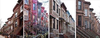 four pictures of brownstone buildings