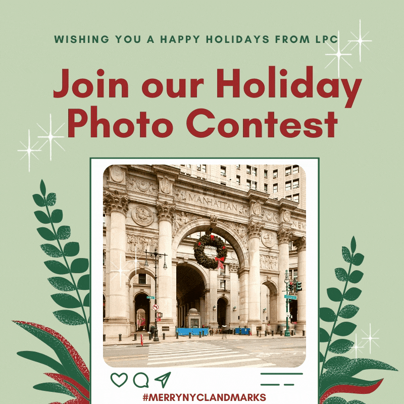 A front view of 1 Centre street framed by a green backgroud with a dark green silhouette. Wishing you a happy holidays from LPC. Joing our Holiday Photo Contents. #MERRYNYCLANDMARKS 