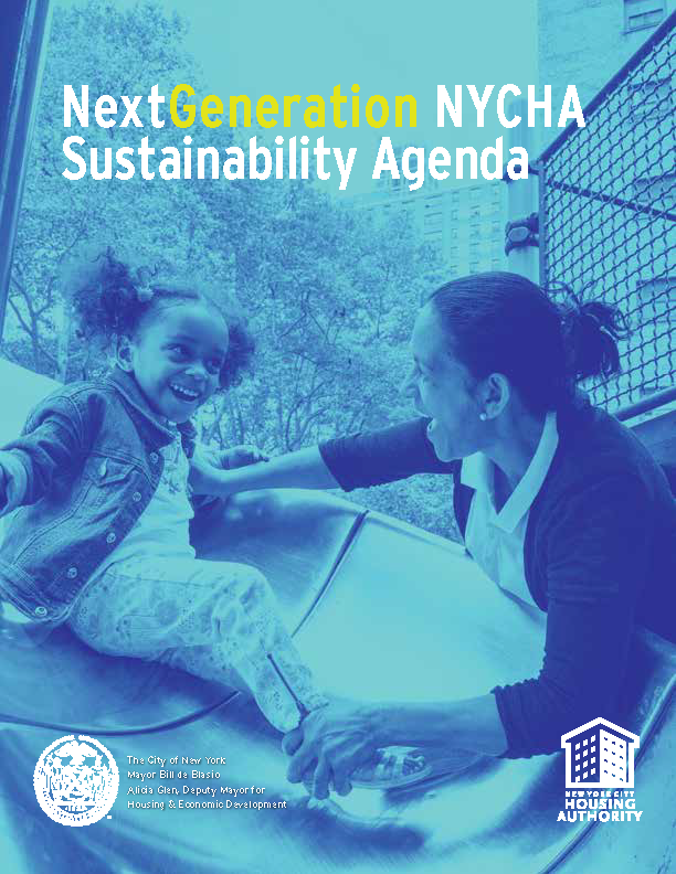 Cover of NYCHA Sustainability Agenda featuring a mother and daughter on a NYC playground