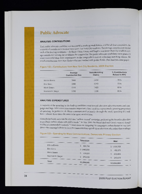 Information on contributions and expenditures of candidates for Public Advocate