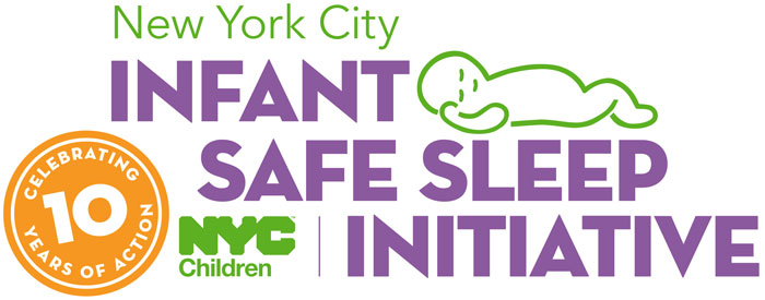 New York City Infant Safe Sleep Initiative purple text logo with A C S logo on the bottom and orange circle logo for Celebrating 10 years of action