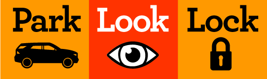 The word Park is displayed above an illustration of a car. The word Look is displayed above an illustration of an eye. The word Lock is displayed above an illustration of a lock.
