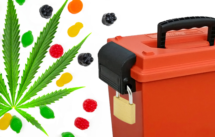 Cannabis leaf surrounded by gummy candy next to a lockbox.
                                           