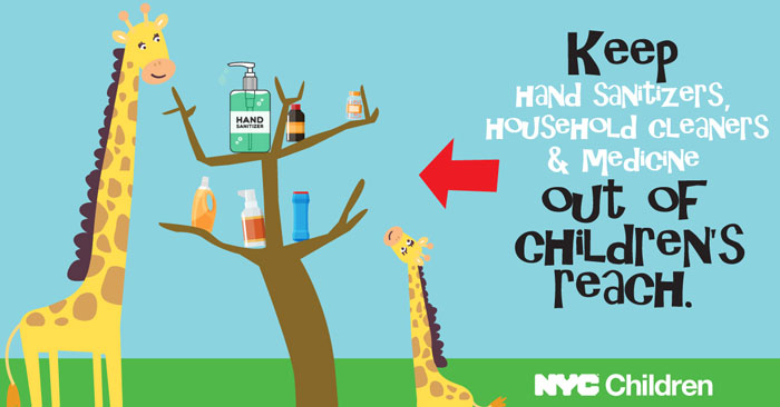 Drawing of giraffes looking at a tree with sanitizing products with text on the right that reads: Keep hand sanitizers, household cleaners, and medicine out of children's reach. A green ACS logo is on the bottom of the graphic.