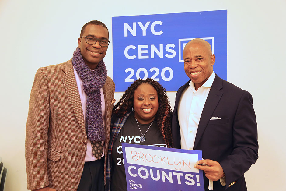 Brooklyn Borough President Adams with NYC Census 2020 Field Director Kathleen Daniel and an event attendee