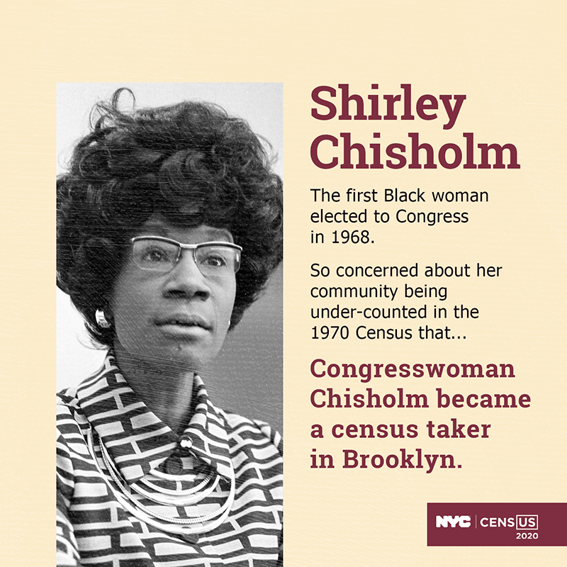 Shirley Chisholm. The first Black woman elected to Congress in 1968. So concerned about her community being under-counted in the 1970 Census that... Congresswoman Chisholm became a census taker in Brooklyn.