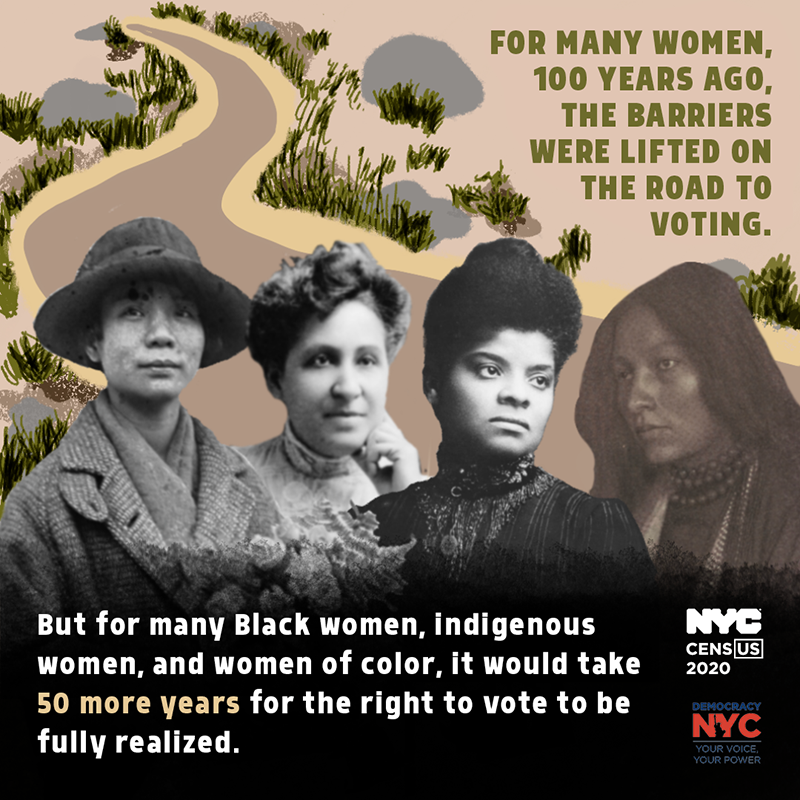 Graphic has a winding road in the background with black and white images of four leaders during the suffrage movement: Mabel Ping-Hua Lee, Mary Church Terrell, Ida B. Wells, and Zitkala-Sa. Text reads: For many women, 100 years ago, the barriers were lifted on the road to voting. But for many Black women, indigenous women, and women of color, it would take 50 more years for the right to vote to be fully realized.