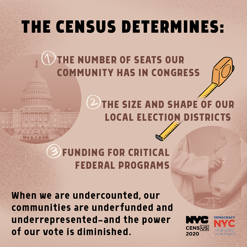 Text reads: The census determines 1. the number of seats our community has in Congress, 2. the size and shape of our local election districts, and 3. funding for critical federal programs. When we are undercounted, our communities are underfunded and underrepresented--and the power of our vote is diminished.