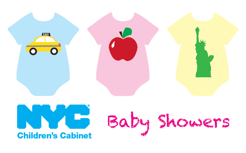 blue, pink, and yellow onesies above the NYC Children's Cabinet Baby Showers logo
