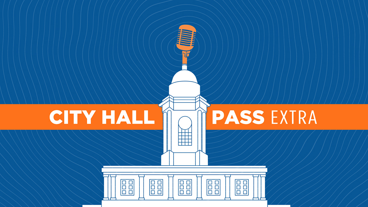 An illustration of city hall building with a microphone on top of the roof - City Hall Pass Extra