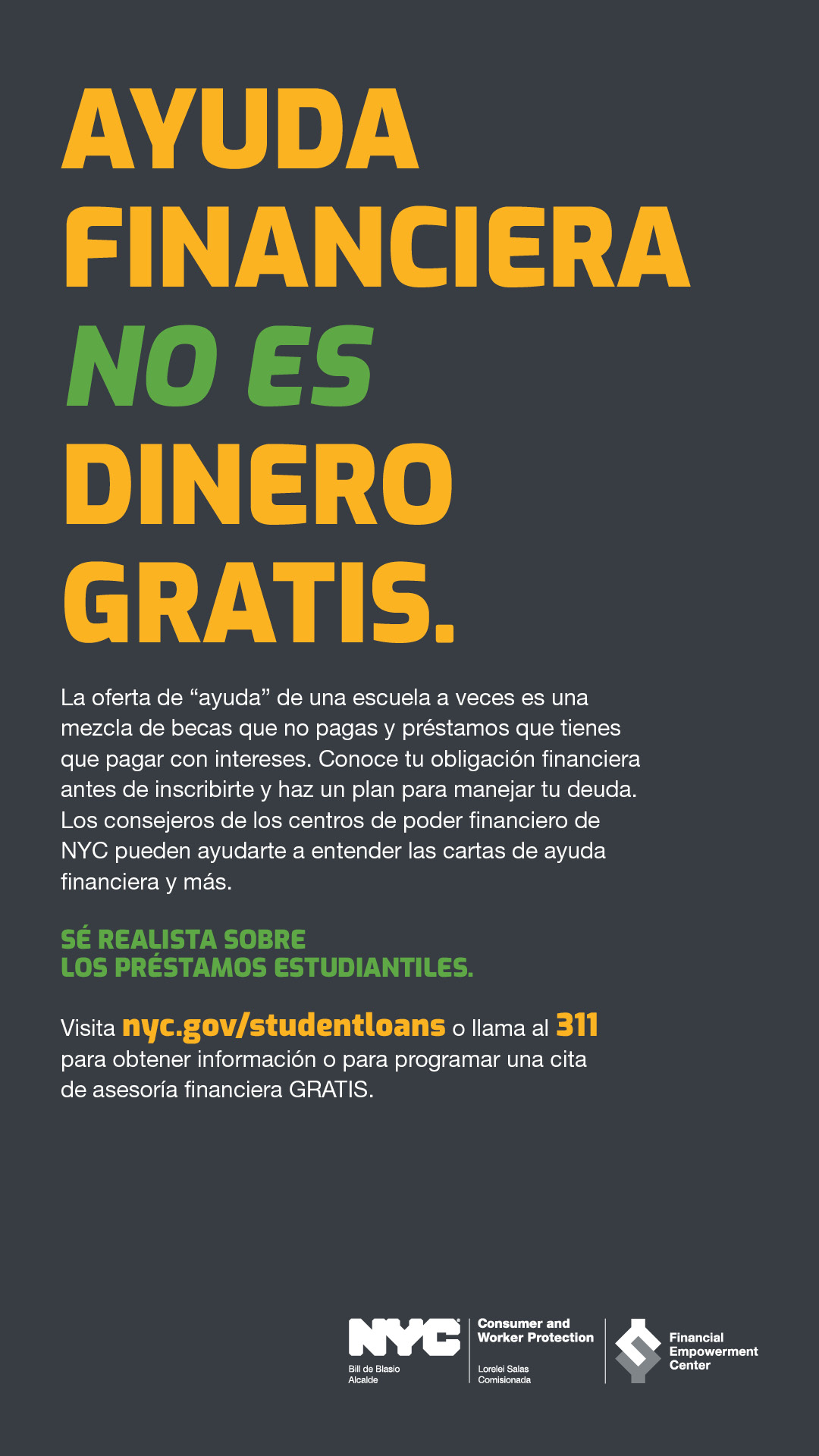 Ad with text AYUDA FINANCIERA NO ES DINERO GRATIS