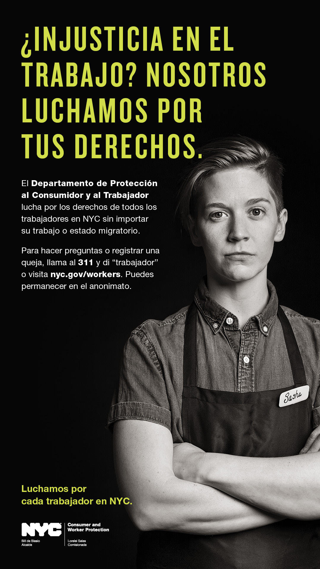 Spanish version of workers' rights campaign ad featuring a food or retail industry worker