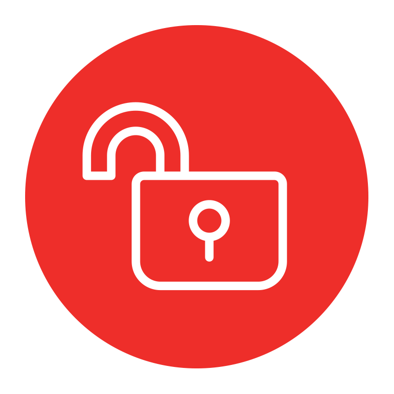 a red circle icon with an line art of a open pad lock