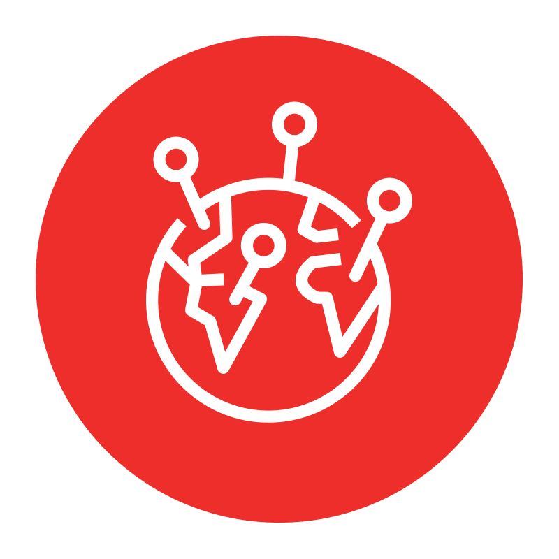 a red circle icon with an line art of earth with multiple route pins on it