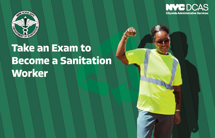 Sanitation worker with fist raised showing strength, smiling on green background
                                           