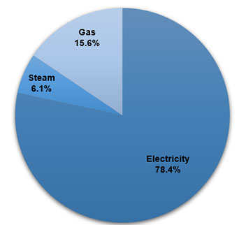 Pie chart indicating the City of New York’s total energy budget cost, divided by three types of energy source. Steam makes up 6.1%, gas makes up 15.6%, and electricity makes up 78.4% of the City’s energy costs.