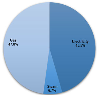 Pie chart indicating the City of New York’s total energy use, divided by three types of energy source. Steam makes up 6.7%, gas makes up 47.8%, and electricity makes up 45.5% of the City’s energy use.
