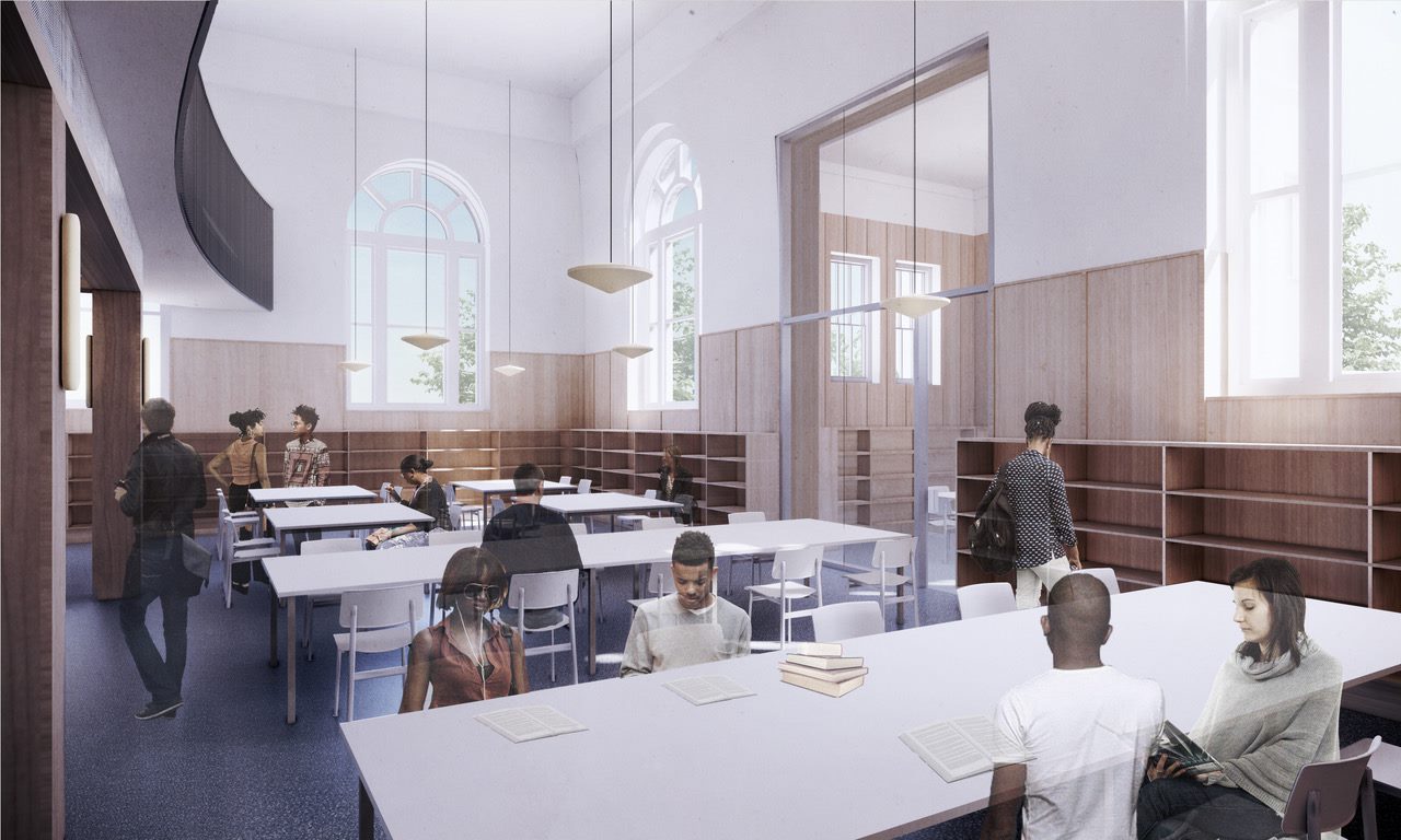 a rendering of people sitting inside the new library space