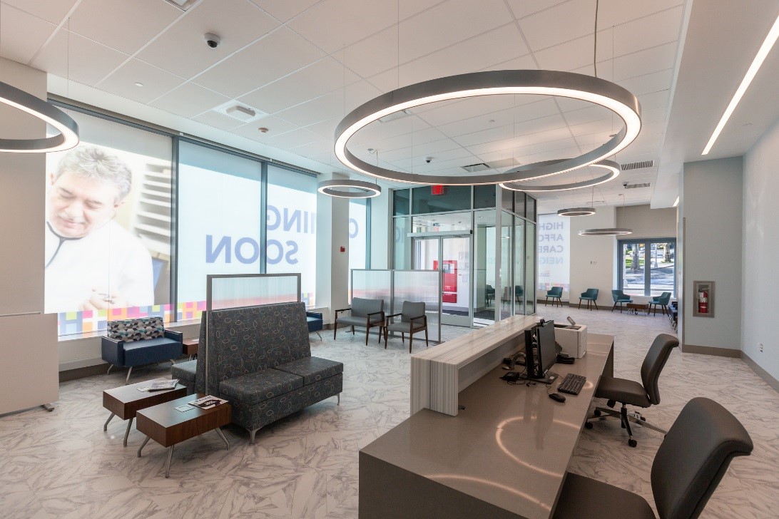 The lobby of the new COVID Center of Excellence in Tremont, Bronx features a  separate entrance into the Center for COVID patients