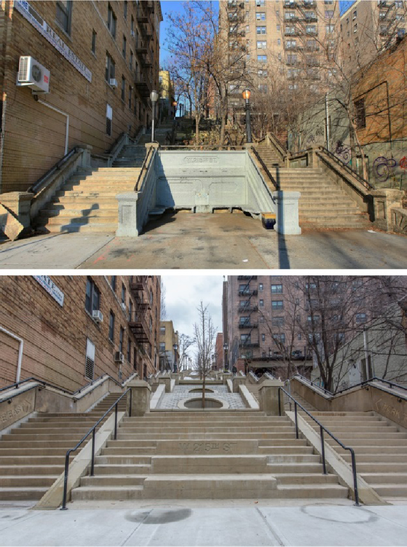 A set of before and after images. The top shows the steps in disrepair. The bottom images shows them restored, good as new.