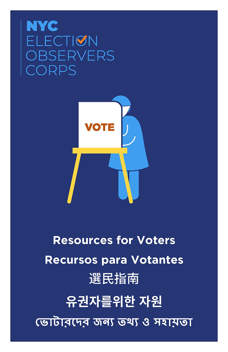 blue palm card with animated person voting in a booth. Text reads Resources for Voters and is translated into four voting rights act languages Spanish, Chinese, Korea, and Bengali