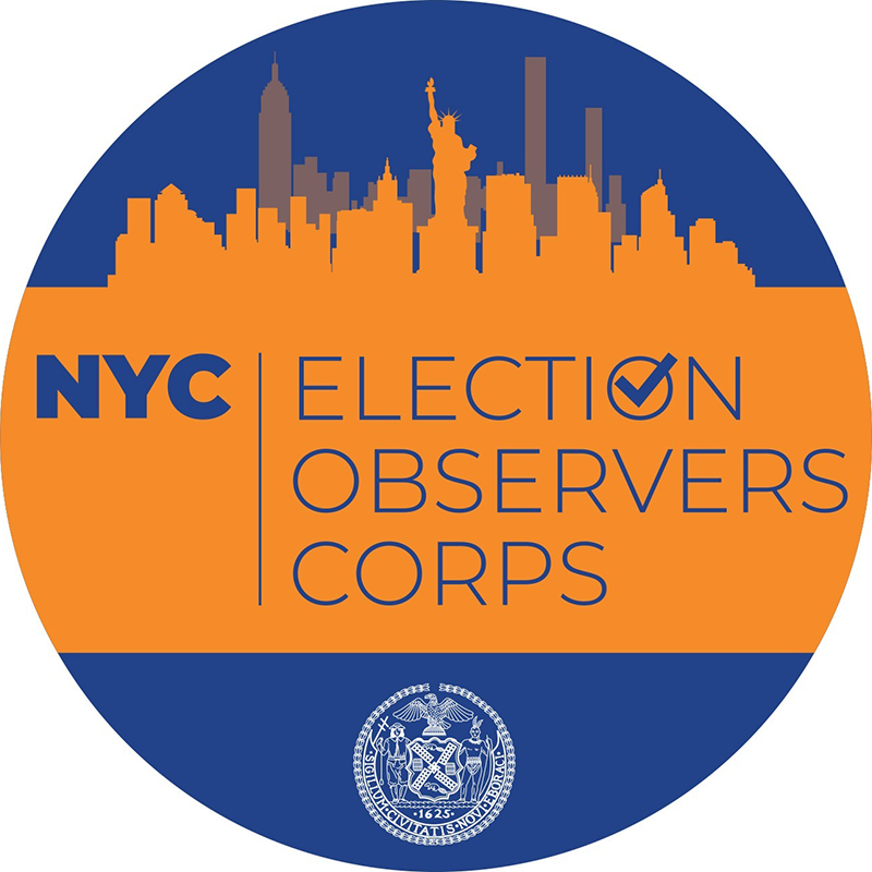 A blue and orange sticker with the New York City Skyline with text that reads " NYC Election Observers Corps"