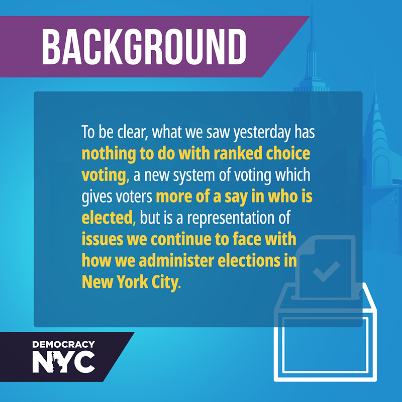 Background: To be clear, what we saw yesterday has nothing to do with ranked choice voting, a new system of voting which gives voters more of a say in who is elected, but is a representation of issues we continue to face with how we administer elections in New York City. Icon of a ballot with a check mark going in a box over a blue background with NYC buildings in the background. 