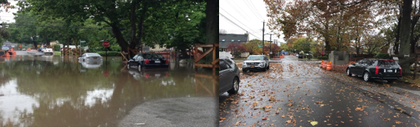two before and after images side by side, one has a flooded roadway, the other one is not flooded.