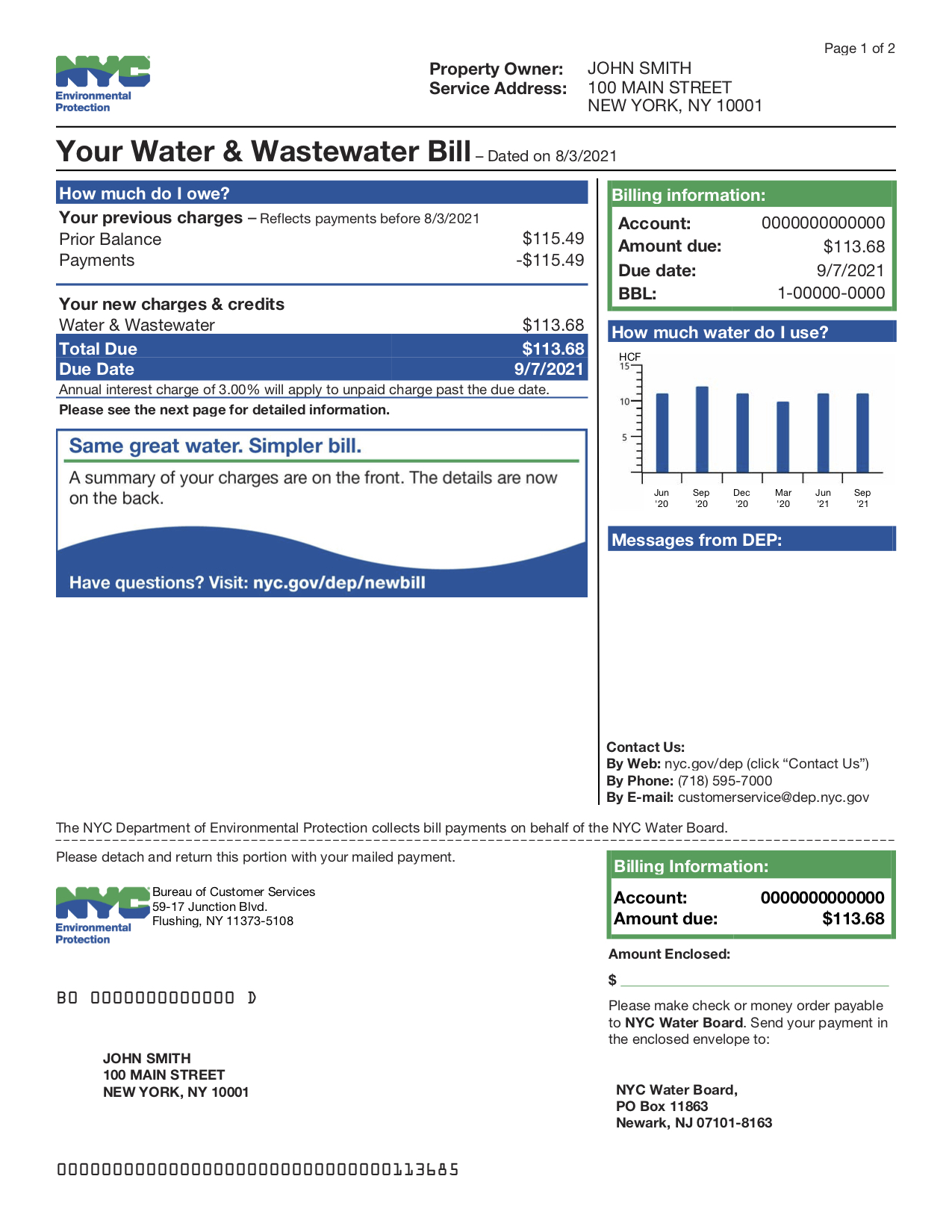 an example front page of the new water and sewer bill