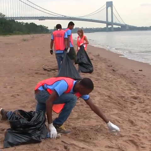 People putting trash into bags along the beach