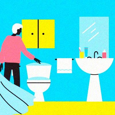 Illustration of a person in a bathroom flushing the toilet