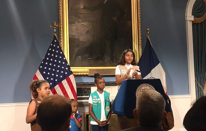 Girl scouts talking at City Hall