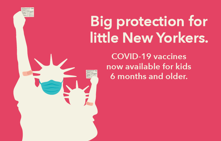Statue of liberty silhouette, holding a small child. Both showing vaccine cards.
                                           