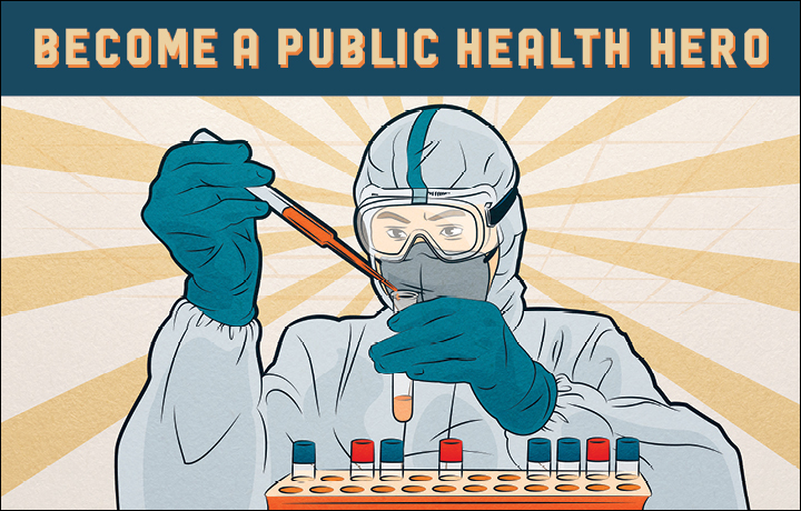Technician in protective uniform, working with vials. Become public health hero
                                           
