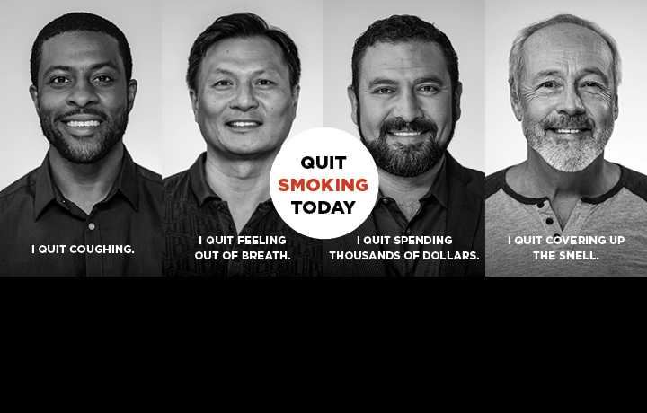 Four men smiling, each quit for different reasons: coughing, money, smell.
                                           