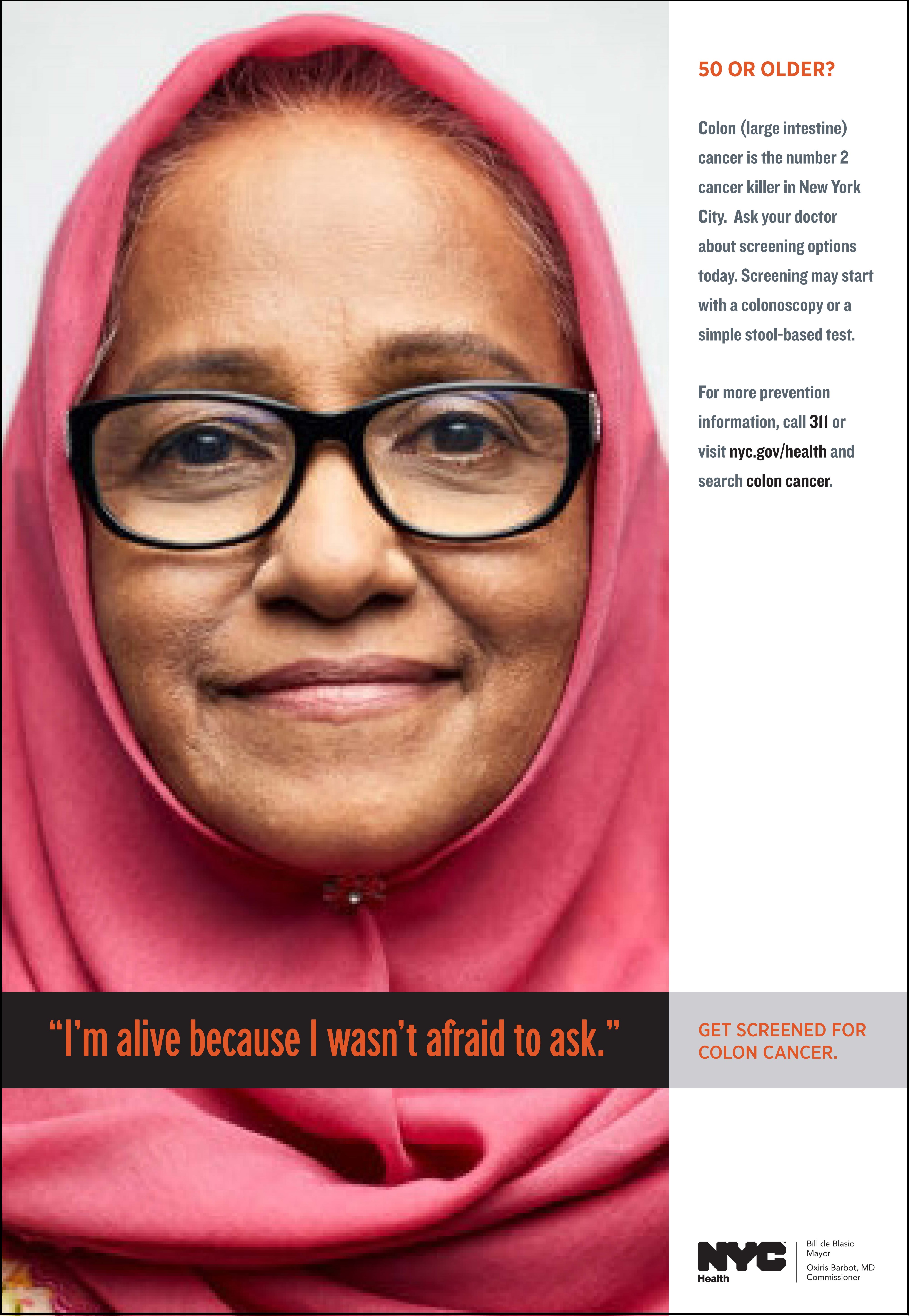A woman wearing a hijab is smiling at the camera. Text reads 'I'm alive because I wasn't afraid to ask.'