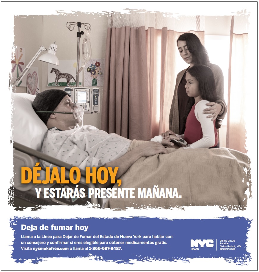 Un hombre en la cama de un hospital usando un respirador. Una mujer y una niña le miran preocupadas. El texto dice: Déjalo hoy, y estará presente mañana.