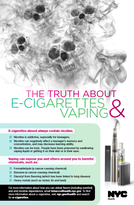 A poster describing the truth about e-cigarettes and vaping. It shows several e-cigarettes, with smoke coming out of them in the shape of skulls.