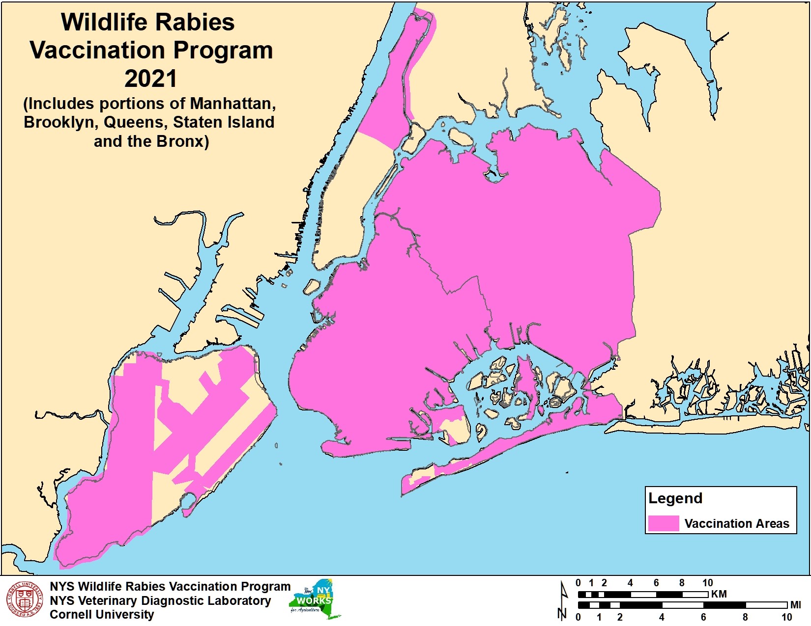 A map showing the 5 borough's and the coordinating areas where the vaccination program will take place