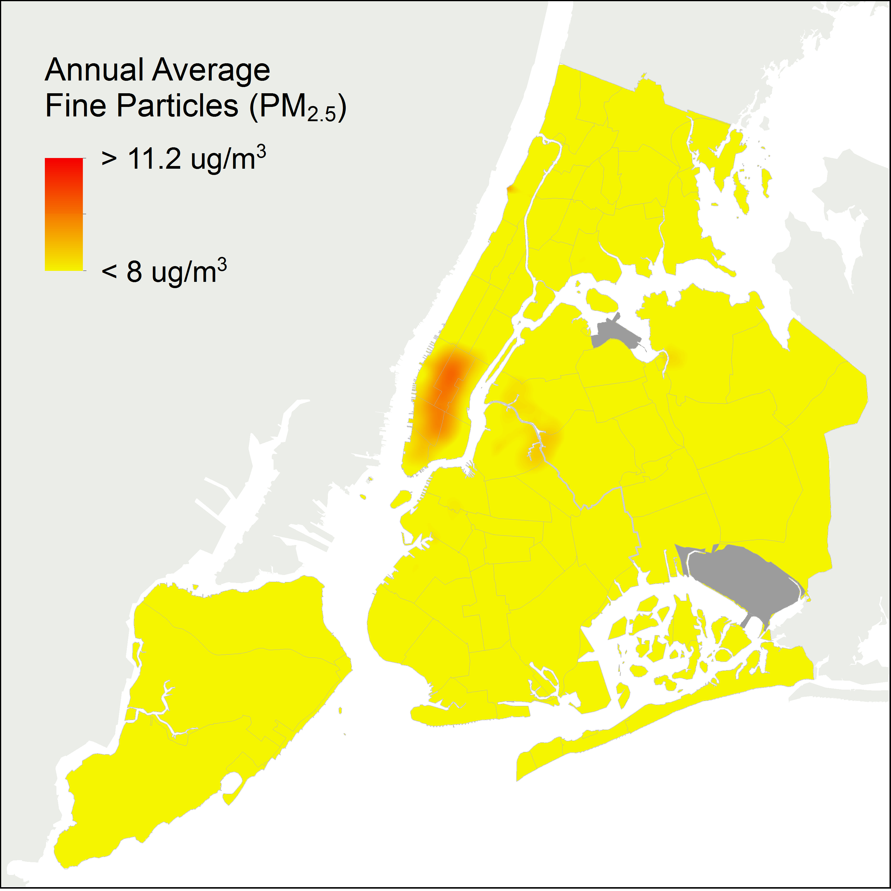 Ein Diagramm, das einen geringeren Gehalt an Feinstaub in ganz NYC zeigt