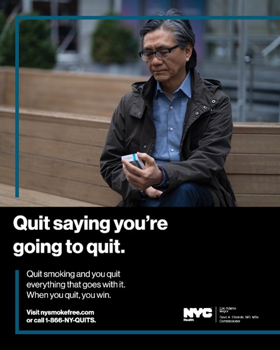 A man sitting down, holding a cigarette carton looking at it thoughtfully. Text reads: Quit saying you're going to quit.