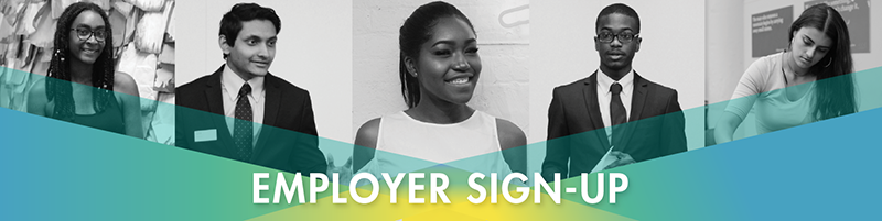 Employer sign up logo featuring five people posing for a photo
