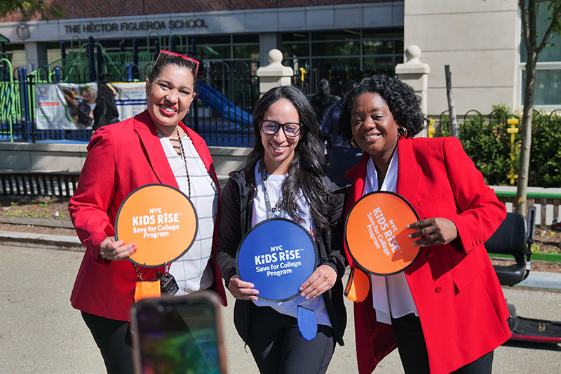 (From left to right) Erica Urena Thus, Founding Principle of P.S. 398Q, Veronica Sosa, First Grade Teacher at P.S. 398Q and Commissioner Sideya Sherman, NYC Mayor's Office of Equity, pose for a picture at the 529 Market Day activities.