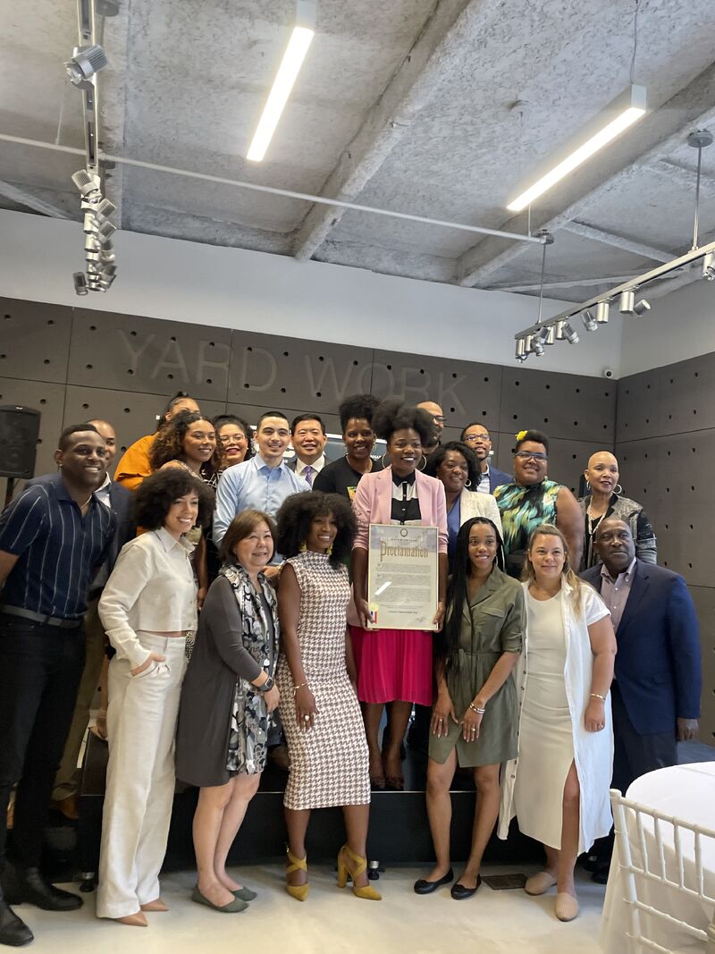 Commissioner Sideya Sherman, the Mayor's Office of Equity, Executive Director Dasheeda Dawson, CannabisNYC, and the CRCC share a group photo.