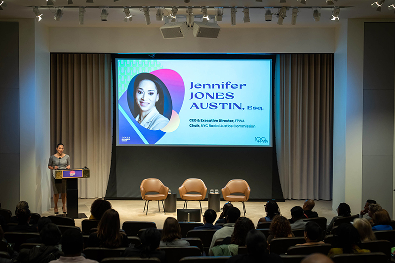 Jennifer Jones Austin, Esq., CEO & Executive Director of FPWA, and Chair of the Racial Justice Commission speaking at the NYC 2022 Equity Summit.