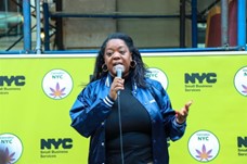 Commissioner Sideya Sherman of the NYC Mayor's Office of Equity providing remarks at the 50th Anniversary NYC Cannabis Parade and Rally.  
